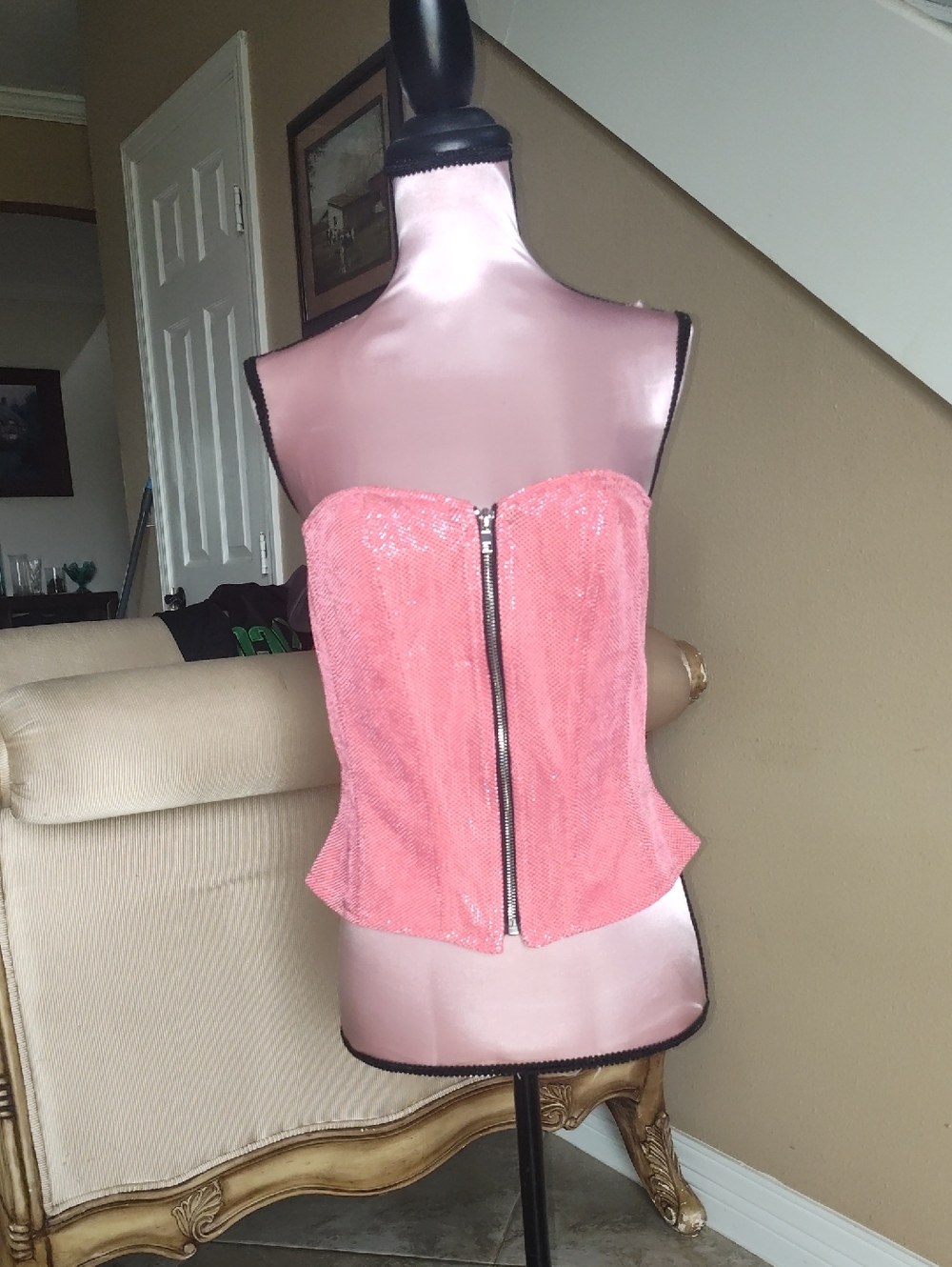 SHEIN Pink Sequin Strapless Zip-Front Corset Top